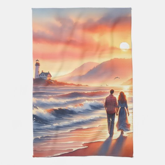 Romantic Coastal Sunset Lighthouse Walk Theedoek (Verticaal)