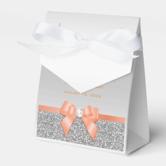 Romantic Coral Bow & Silver Glitter Wedding Bedankdoosjes (Voorkant Zijde)