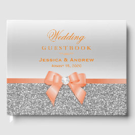 Romantic Coral Bow & Silver Glitter Wedding Gastenboek