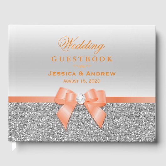Romantic Coral Bow & Silver Glitter Wedding Gastenboek (Voorkant)