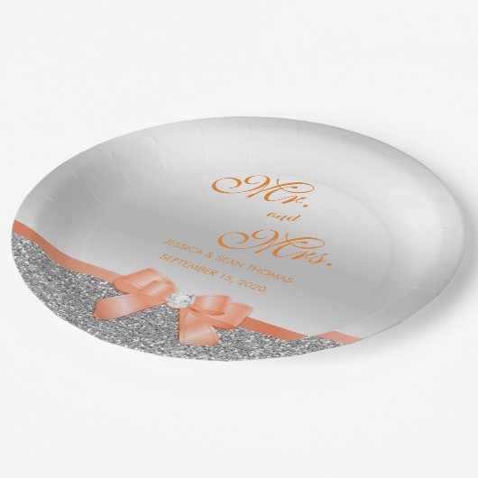 Romantic Coral Bow & Silver Glitter Wedding Papieren Bordje (Gekanteld)