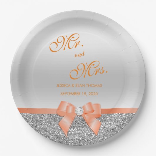 Romantic Coral Bow & Silver Glitter Wedding Papieren Bordje (Voorkant)