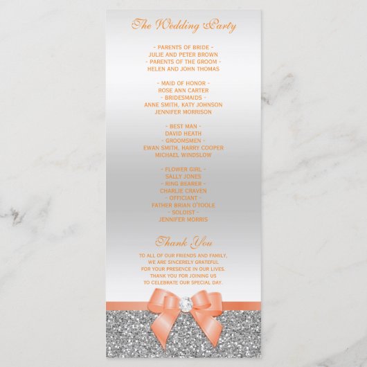 Romantic Coral Bow, Silver Glitter Wedding Program Programmakaart (Achterkant)