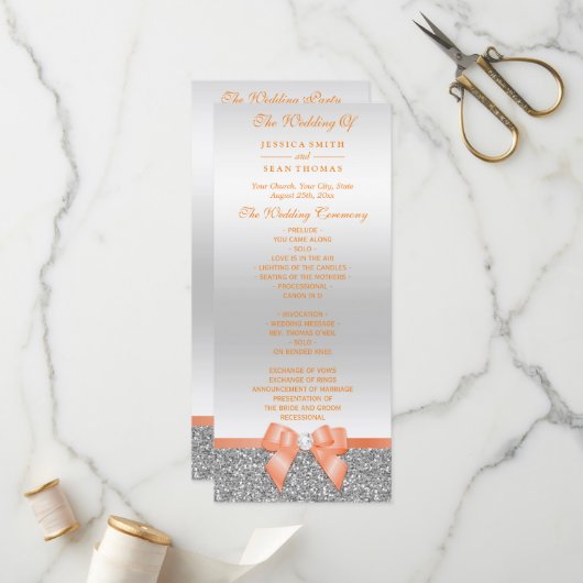Romantic Coral Bow, Silver Glitter Wedding Program Programmakaart (Voorkant / Achterkant in situ)