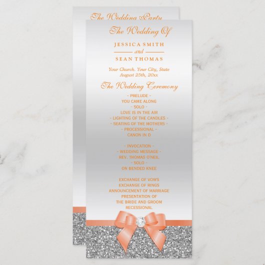 Romantic Coral Bow, Silver Glitter Wedding Program Programmakaart (Voorkant / Achterkant)