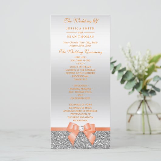 Romantic Coral Bow, Silver Glitter Wedding Program Programmakaart (Staand voorkant)