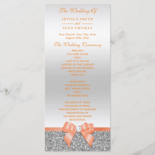 Romantic Coral Bow, Silver Glitter Wedding Program Programmakaart (Voorkant)