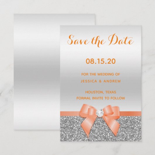 Romantic Coral Bow & Silver Glitter Wedding Save The Date (Voorkant / Achterkant)