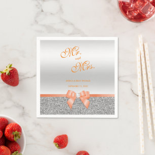 Romantic Coral Bow & Silver Glitter Wedding Servet