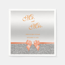 Romantic Coral Bow & Silver Glitter Wedding Servet