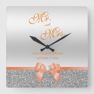 Romantic Coral Bow & Silver Glitter Wedding Vierkante Klok