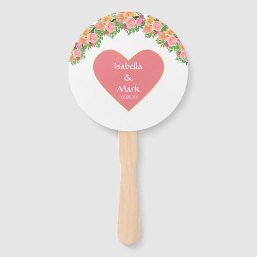 Romantic Coral Pink Heart & Roze Flowers Handwaaier (Voorkant)