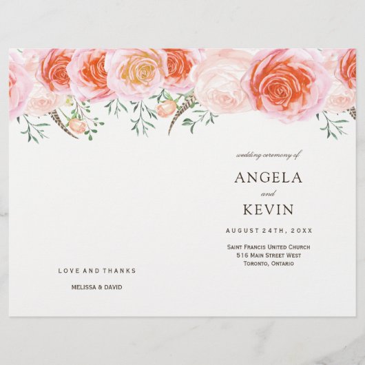 Romantic Coral Rozen Wedding Programs (Voorkant)