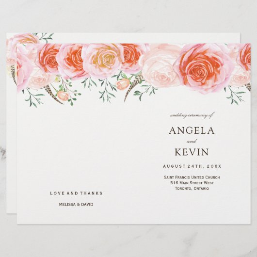 Romantic Coral Rozen Wedding Programs (Voorkant / Achterkant)