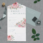 Romantic Cottage Flowers Blush Blue Sage helemaal  All In One Uitnodiging<br><div class="desc">Elementen: zachte waterverf florale regelingen. Klassieke serif doopvonten met whimsical manuscriptaccenten. Kleuren: stoffig blauw,  perzik,  wazig,  roze,  grijsgroen,  ivoor. Thema's: lente,  zomer,  zacht,  botanisch,  huisje,  tapijtkern,  romantisch,  ,  tuin. Collectie: Romantic Cottage Flowers Blush Blue Sage Wedding Collectie Product Type: All-in-One Wedding Invitting</div>