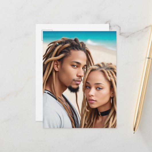 Romantic Couple Beach Digital Art Poster Briefkaart (Voorkant / Achterkant in situ)