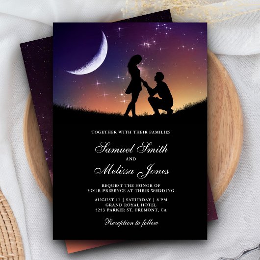 Romantic Couple Crescent Moon and Stars Wedding Kaart