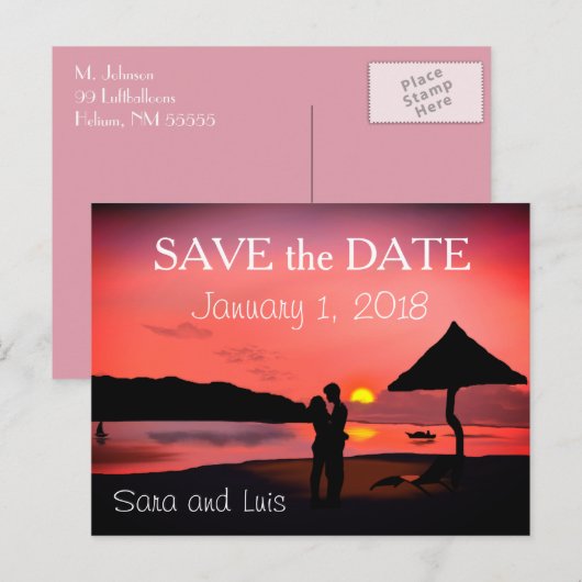 Romantic Couple on Beach bij ZSunset Save the Date Briefkaart (Voorkant / Achterkant)