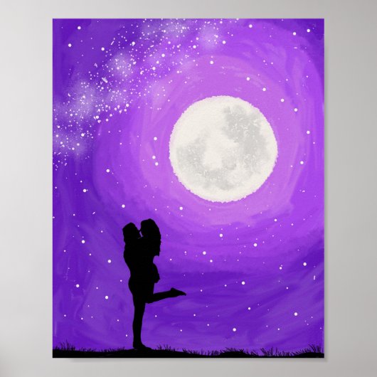 Romantic Couple Paars nacht Full Moon Stars Datum Poster (Voorkant)
