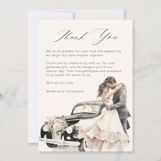 Romantic Couple Vintage Car Wedding Bedankkaart (Voorkant)