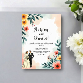 Romantic Couple Watercolor Floral Summer Wedding Kaart