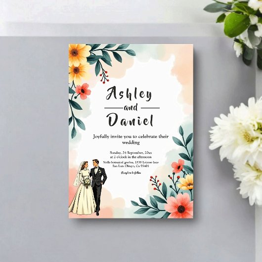 Romantic Couple Watercolor Floral Summer Wedding Kaart