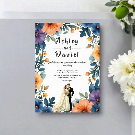 Romantic Couple Watercolor Floral Summer Wedding Kaart