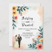 Romantic Couple Watercolor Floral Summer Wedding Kaart (Voorkant)