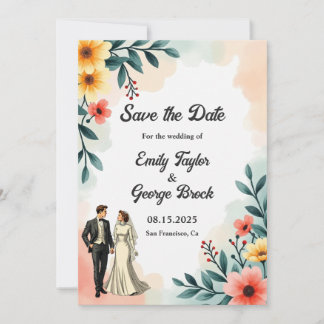 Romantic Couple Watercolor Floral Summer Wedding Save The Date