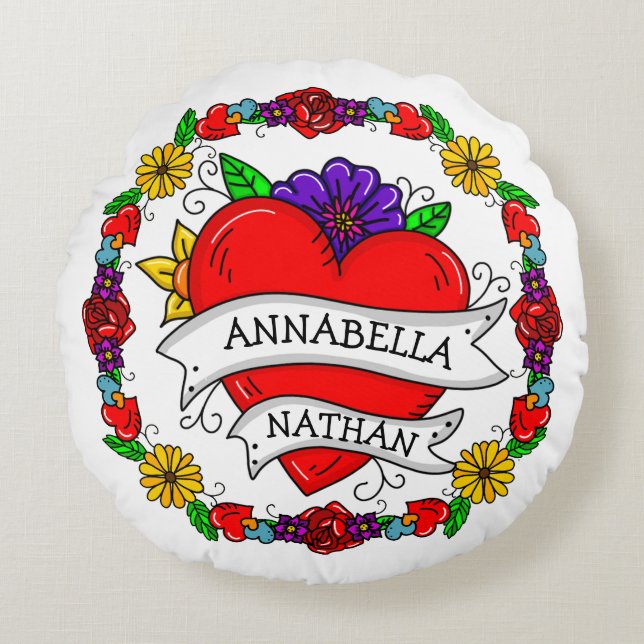 Romantic Couple's Gift | Kunst met Tattoo stijl Rond Kussen (Voorkant)