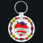 Romantic Couple's Gift | Kunst met Tattoo stijl Sleutelhanger<br><div class="desc">Gepersonaliseerde Graffiti- of tattoo-stijl kunst met een cartoon hart en bloemen met persoonlijke partnernamen.</div>