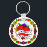 Romantic Couple's Gift | Kunst met Tattoo stijl Sleutelhanger<br><div class="desc">Gepersonaliseerde Graffiti- of tattoo-stijl kunst met een cartoon hart en bloemen met persoonlijke partnernamen.</div>