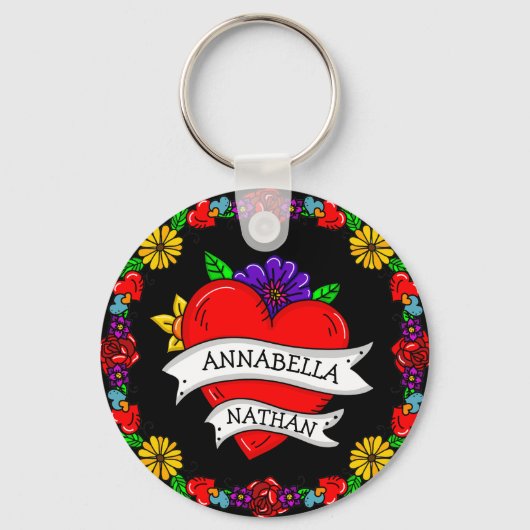 Romantic Couple's Gift | Kunst met Tattoo stijl Sleutelhanger (Voorkant)
