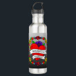 Romantic Couple's Gift | Kunst met Tattoo stijl Waterfles<br><div class="desc">Gepersonaliseerde Graffiti- of tattoo-stijl kunst met een cartoon hart en bloemen met persoonlijke partnernamen. Kute voor Valentijnsdag of een Jubileum of bruiloft cadeau.</div>