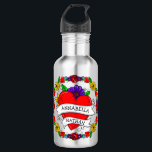 Romantic Couple's Gift | Kunst met Tattoo stijl Waterfles<br><div class="desc">Gepersonaliseerde Graffiti- of tattoo-stijl kunst met een cartoon hart en bloemen met persoonlijke partnernamen. Kute voor Valentijnsdag of een Jubileum of bruiloft cadeau.</div>