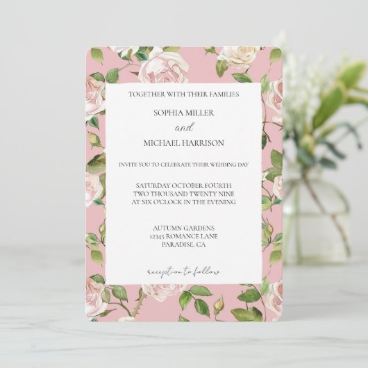 Romantic Cream Blush Pink Floral Wedding Kaart (Staand voorkant)