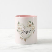 Romantic Cream Blush Roses Feathers Floral Heart Mok (Midden)