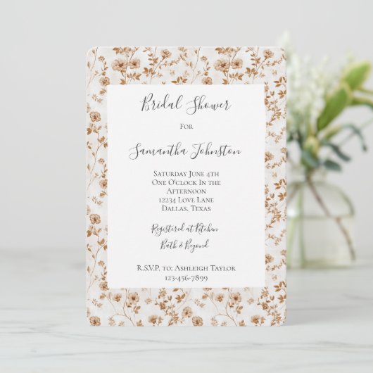 Romantic Cream Brown Floral Bridal Shower Kaart (Staand voorkant)
