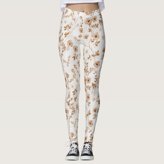 Romantic Cream Brown Floral  Leggings (Voorkant)