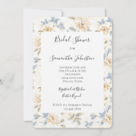 Romantic Cream Floral Blue Leaves Bridal Shower Kaart