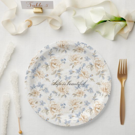 Romantic Cream Floral Blue Leaves Wedding Papieren Bordje (Huwelijk)