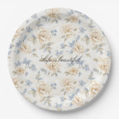 Romantic Cream Floral Blue Leaves Wedding Papieren Bordje (Voorkant)