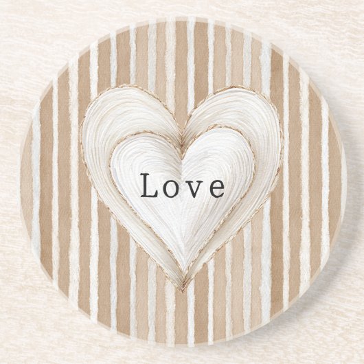 Romantic Cream Heart Brown Stripes Love Zandsteen Onderzetter (Voorkant)