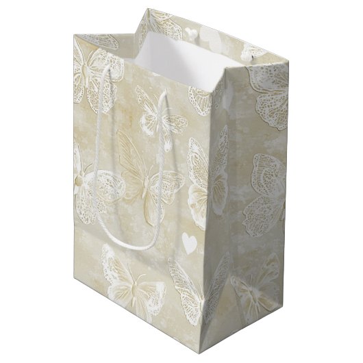 Romantic Cream Ivory Butterflies Hearts Wedding  Medium Cadeauzakje (Voorkant Gekanteld)