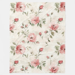 Romantic Cream Pink Roses Floral Fleece Deken