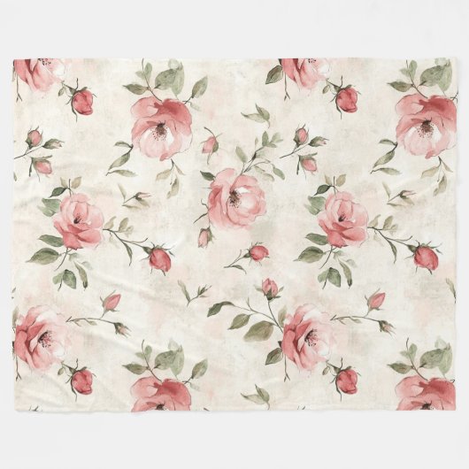 Romantic Cream Pink Roses Floral  Fleece Deken (Voorkant (Horizontaal))