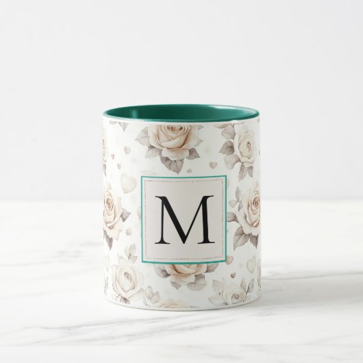 Romantic Cream Rose Floral Monogram Mok (Midden)