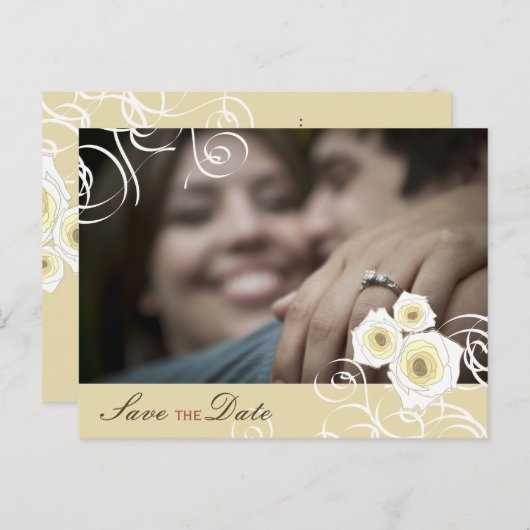 Romantic Cream Rozen & Swirls Foto sparen de Datum Aankondigingskaart (Voorkant / Achterkant)