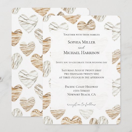 Romantic Cream White Hearts Wedding Kaart (Voorkant / Achterkant)