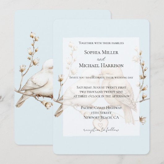 Romantic Cream White Love Birds Heart Wedding Kaart (Voorkant / Achterkant)